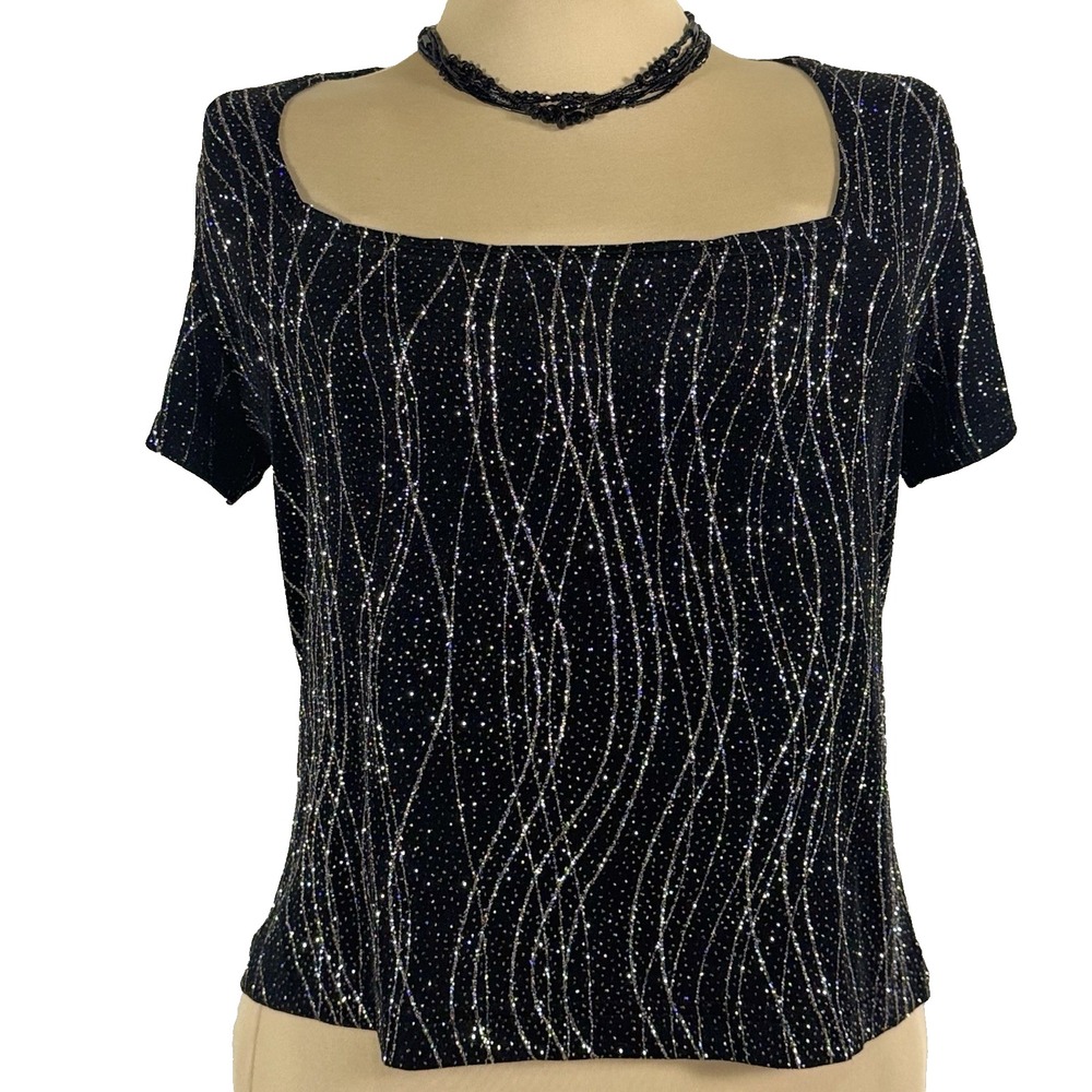 Vtg Slinky Stretch Top Black Silver Sparkly Disco Party Goth Glam‎ 90s Medium